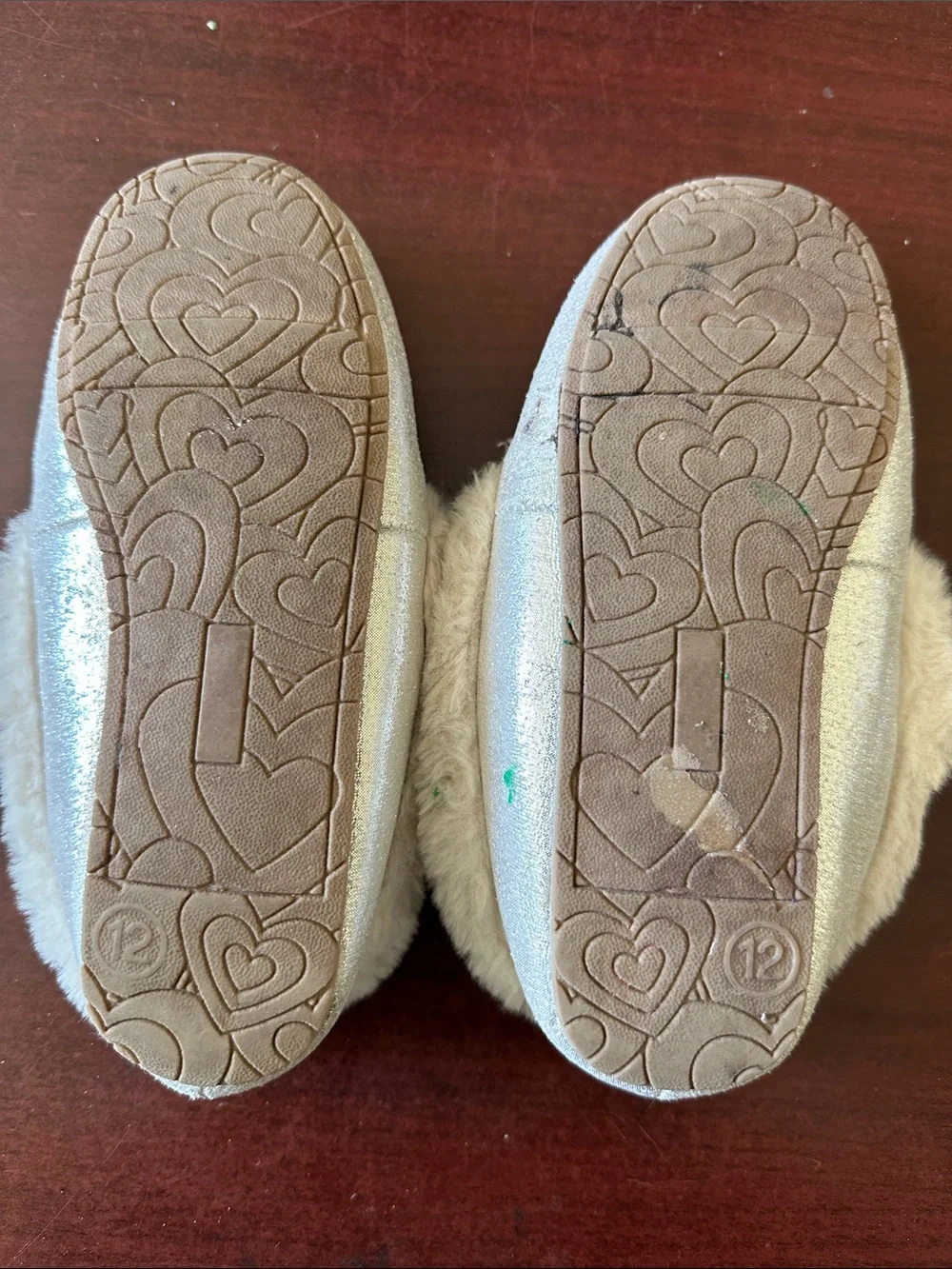 ##195, Size 12, Cozy Faux-Fur Lined Slippers with Bow - Metallic Beige